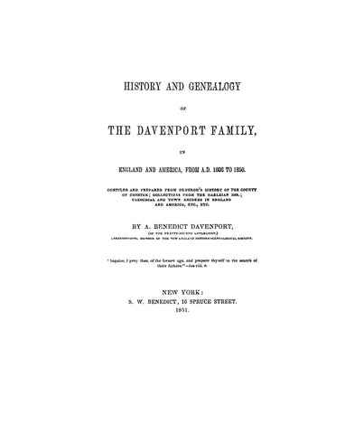 DAVENPORT: History and genealogy of the Davenport family in England and America, 1086-1850. 1851