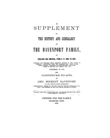 DAVENPORT: Supplement to the 1851 Davenport genealogy, continued to 1876