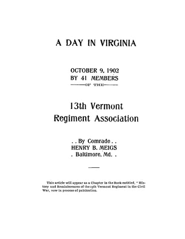 13th INFANTRY, VT: Forty Years After. A Day in Virginia (Softcover)