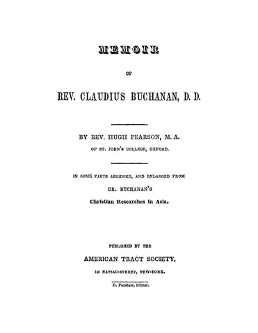 BUCHANAN: Memoir of Rev Claudius Buchanan