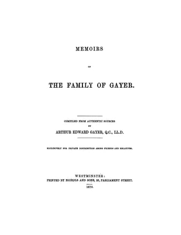 GAYER: Memoirs of the Family of Gayer 1870