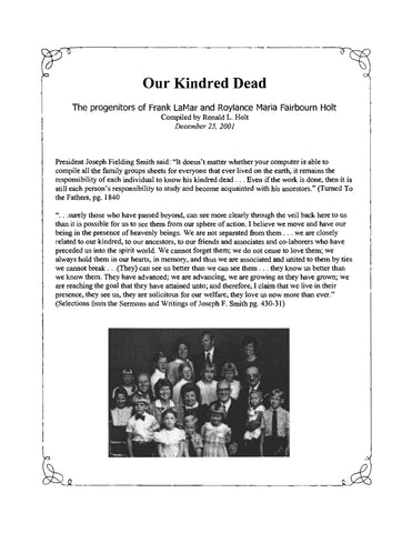 LAMAR: Our Kindred Dead: The Progenitors of Frank Lamar and Roylance Maria Fairbourn Holt (Softcover) 2001