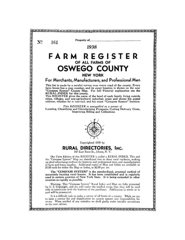 OSWEGO, NY: 1938 Farm Register of All Farms of Oswego County, New York, for Merchants, Manufacturers, and Professional Men (Softcover)