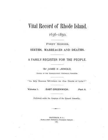 EAST GREENWICH, RI: Vital Record of Rhode Island 1636-1850, Births, Marriages, Deaths - A Family Register for the People (Softcover)