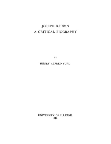 RITSON: Joseph Ritson, a Critical Biography 1916