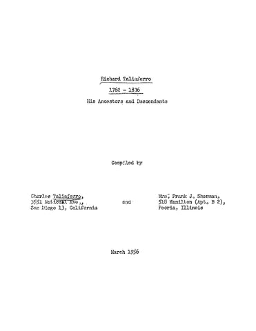 TALIAFERRO: Richard Taliaferro 1762-1836, his Ancestors and Descendants (Softcover)