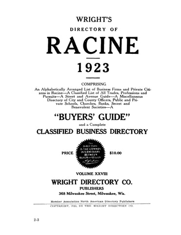 RACINE, WI: Wright's Directory of Racine, Wisconsin, 1923 (Hardcover)
