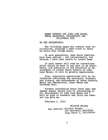GUTHRIE: Henry Guthrie and John Lane Mason, their ancestors, descendants & collateral kin 1953