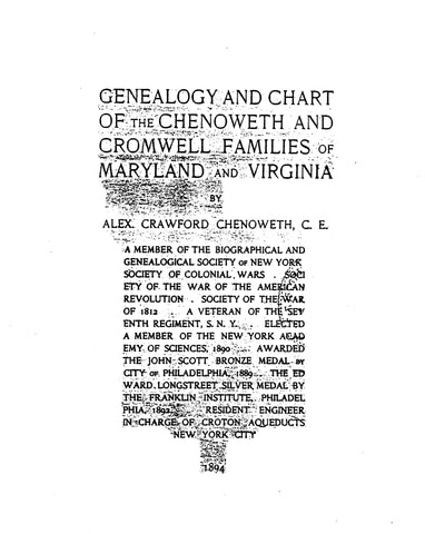 CHENOWETH: Genealogy & Chart of the Chenoweth & Cromwell Family of MD & VA 1894
