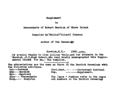BURDICK: Supplement to Descendants of Robert Burdick of R.I. 1952