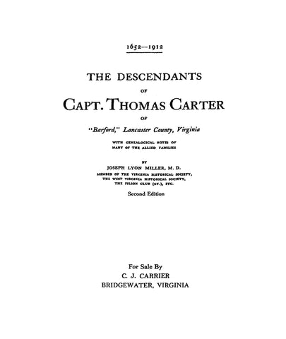 CARTER: Descendants of Capt. Thomas Carter of "Barford", Lancaster Co, VA With Allied Families 1912