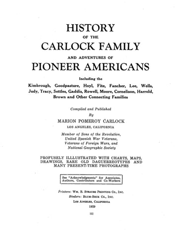 CARLOCK: History of the Carlock Family and Adventures of Pioneer Americans 1929