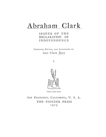 CLARK: Abraham Clark Signer of the Declaration of Independence 1923