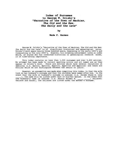 MACHIAS, ME:   Index of Surnames to George W. Drisko's "Narrative of the Town of Machias," above. (Softcover)