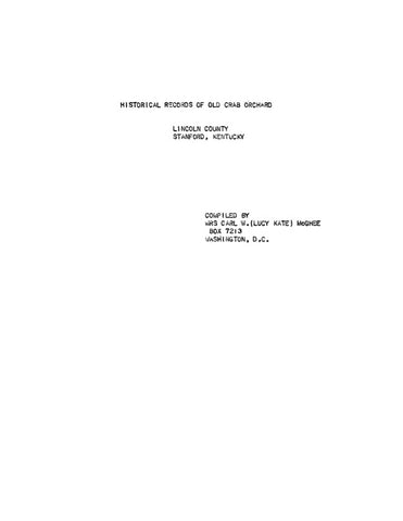 OLD CRAB ORCHARD, KY: HISTORICAL RECORDS OF OLD CRAB ORCHARD, Lincoln Co., Stanford. (Softcover)