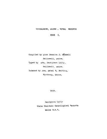 VASSALBORO VITAL RECORDS. (Softcover) MAINE