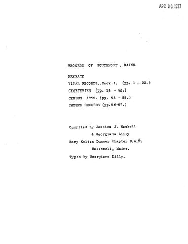 SOUTHPORT, ME:  RECORDS OF SOUTHPORT: Vital Records, Cemeteries, 1850 Census, Church Records. (Softcover)