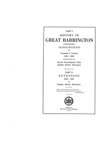 GREAT BARRINGTON, MA:  HISTORY OF GREAT BARRINGTON, 1676-1882, Extended to 1922. (Hardcover)