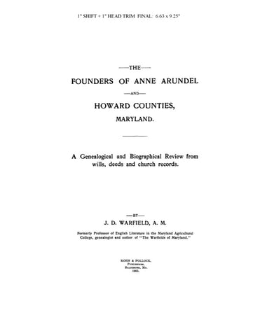 ANNE ARUNDEL, MD: FOUNDERS OF ANNE ARUNDEL & HOWARD COUNTIES