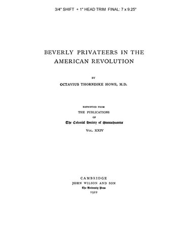 BEVERLY, MA:  BEVERLY PRIVATEERS IN THE AMERICAN REVOLUTION. (Softcover)