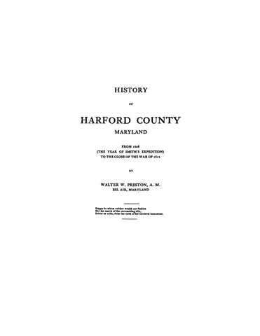 HARFORD, MD:  HISTORY OF HARFORD COUNTY, 1608-1812,  With biographical sketches.