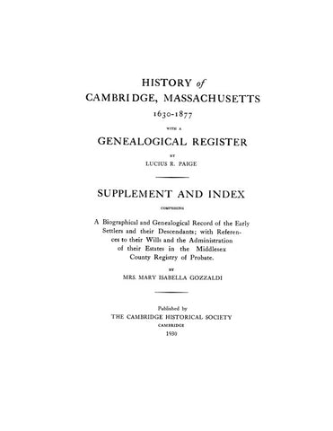 CAMBRIDGE, MA:  HISTORY OF CAMBRIDGE, 1630-1930, Supplement & Index,  (Hardcover)