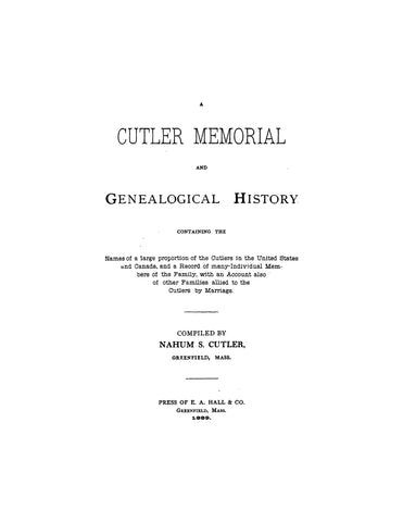 CUTLER: Cutler Memorial & genealogical history 1889