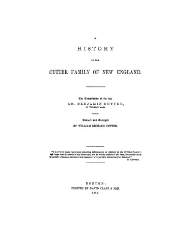 CUTTER: History of the Cutter family of New England 1875