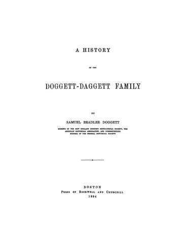 DOGGETT: A History of the Doggett-Daggett Family 1894