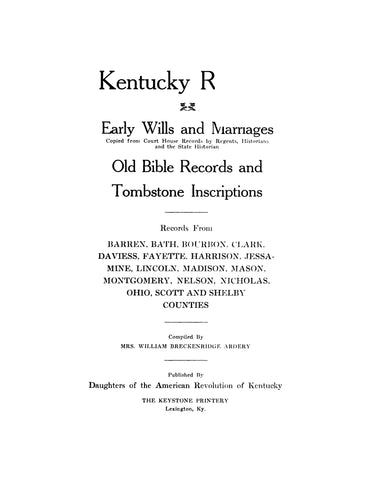 MARRIAGES, KY: Kentucky Records: Early Wills and Marriages 1926