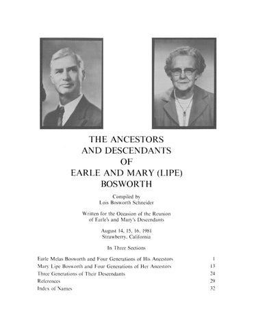 BOSWORTH: Ancestors and Descendants of Earle and Mary (Lipe) Bosworth (Softcover)