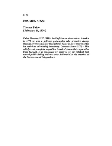 COMMON SENSE by Thomas Paine (Softcover)