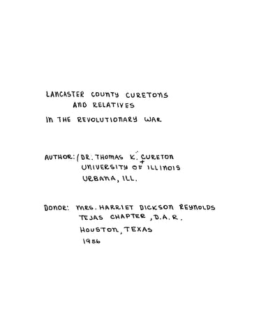 CURETON: Lancaster County Curetons and Relatives in the Revolutionary War (Softcover)