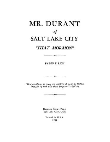 DURANT: Mr Durant of Salt Lake City "That Mormon" (Softcover)