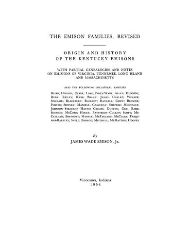 EMISON Families, revised: origin and history of the Kentucky Emisons 1954
