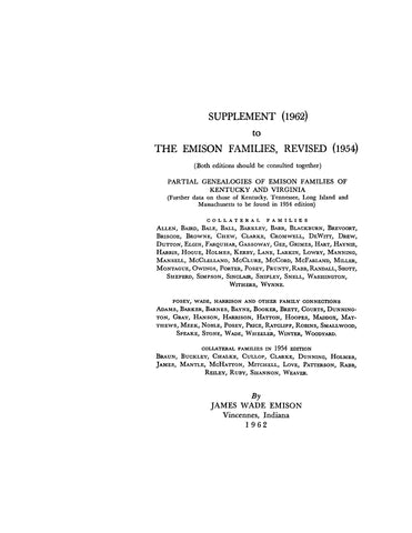 EMISON Supplement: partial genealogies of Emison families of Kentucky and Virginia. 1962