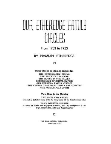 ETHEREDGE: Our Etheredge family circles from 1753-1953