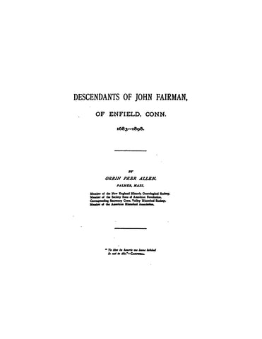 FAIRMAN:  Descendants of John Fairman of Enfield, CT, 1638-1898 (Softcover) 1898