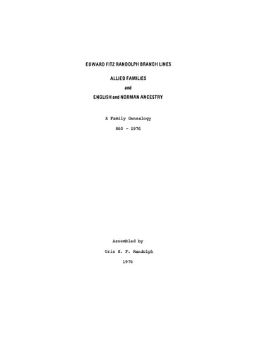 FITZ RANDOLPH: Edward Fitz Randolph Branch Lines. Allied Families & English & Norman Ancestry, A Family Genealogy, 860-1976.