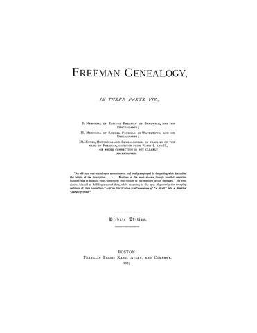 FREEMAN GENEALOGY in Three Parts 1875