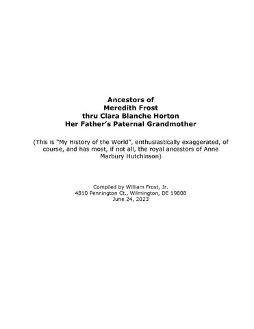 FROST: Ancestors of Meredith Frost thru Clara Blanche Horton, Her Father's Paternal Grandmother (Hardcover) 2023