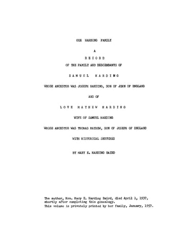 HARDING: Our Harding family: record of the family and descendants of Samuel Harding 1957