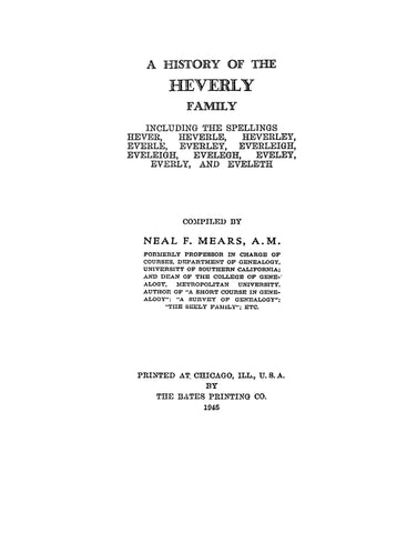 HEVERLY: History of the Heverly Family including Other Spellings 1945