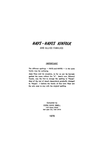 HAYS: Hays-Hayes Kinfolk and Allied Families
