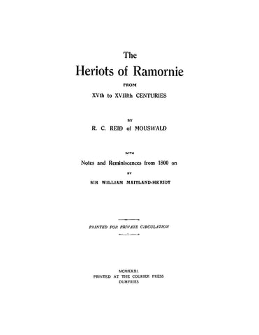 HERIOT: The Heriots of Ramornie from XVth to XVIIIth Centuries (Softcover)