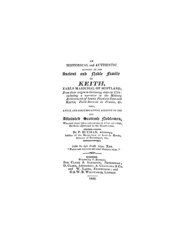 KEITH: Historical Account of the Noble Family of Keith up to 1745. 1820