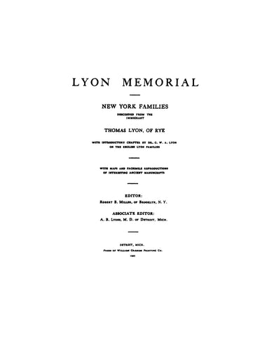 LYON Memorial: New York families descended from the immigrant Thomas Lyon, of Rye 1907