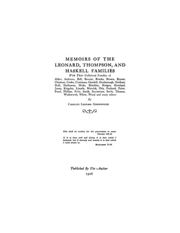 LEONARD: Memoirs of the Leonard, Thompson & Haskell families, with collateral families. 1928