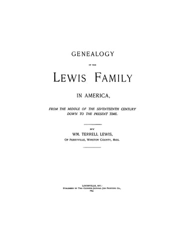 LEWIS: Genealogy of the Lewis family in America, primarily Virginia. 1893
