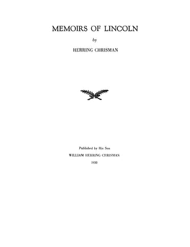 LINCOLN: Memoirs of Lincoln 1930 (Softcover)